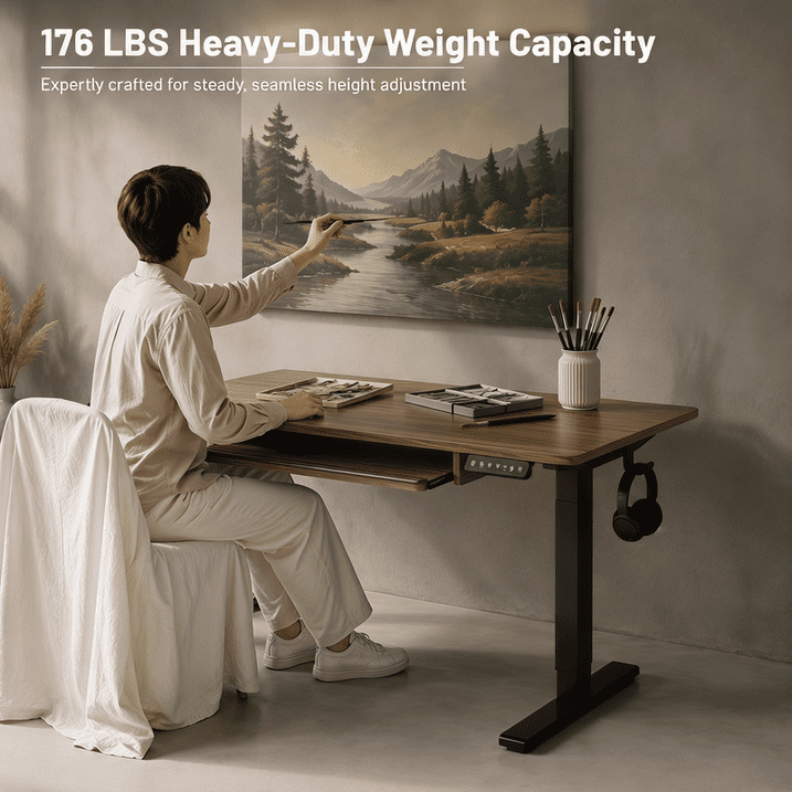 Kyspho 48" x 24" Electric Standing Desk with Keyboard Tray Adjustable Sit Stand up Desk with Headphone Hook & 4 Height Memory Pre-Set Walnut