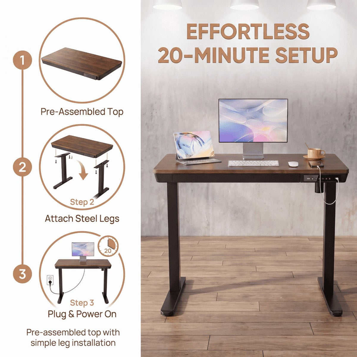 Electric Standing Desk, Stand up Desks Adjustable Height,Adjustable Desk,40x24 inches,Black Walnut
