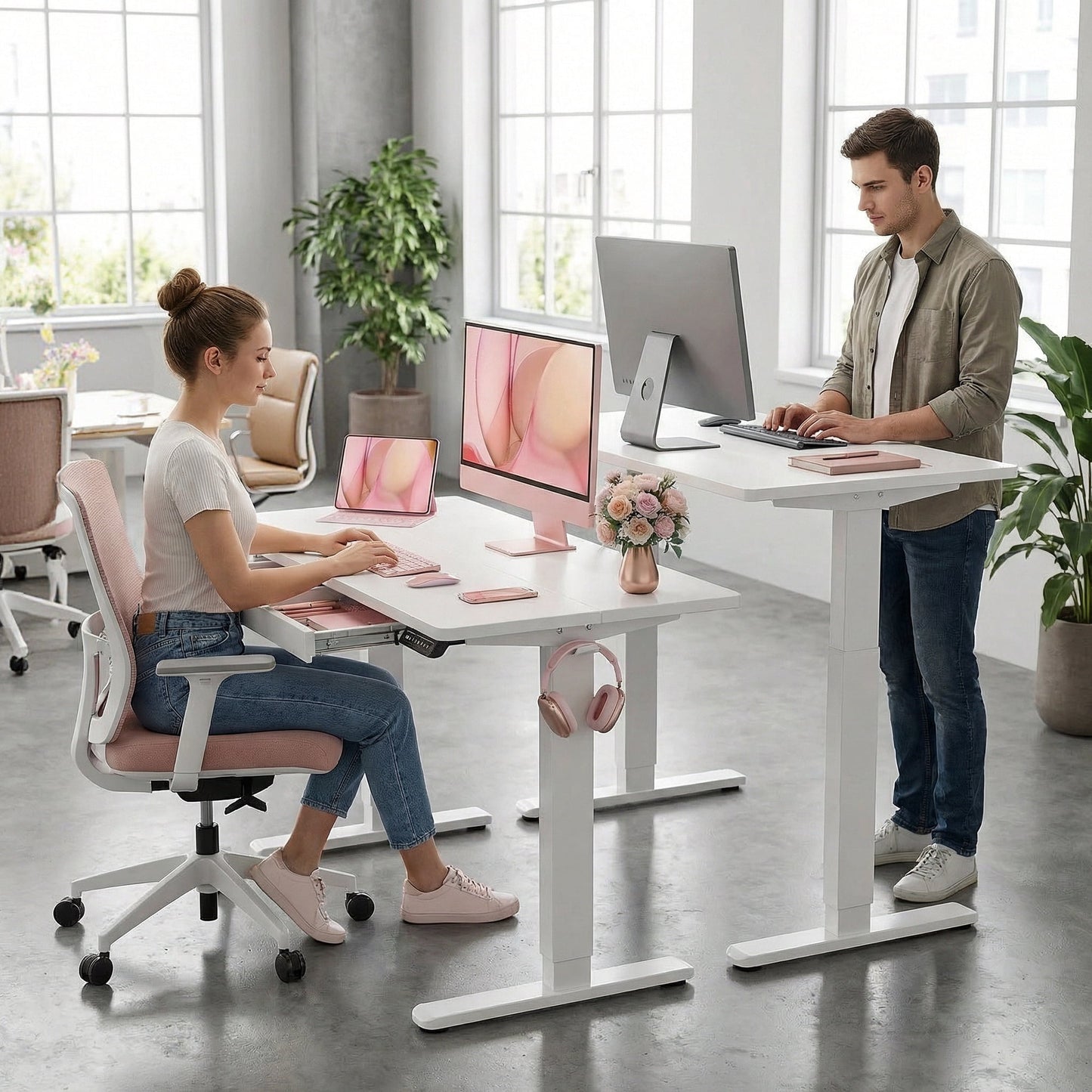 Kyspho Electric Standing Desk with Built-in Drawer, 48" x 24" Adjustable Height Computer Desk, 4 Memory Presets for Home Office, White