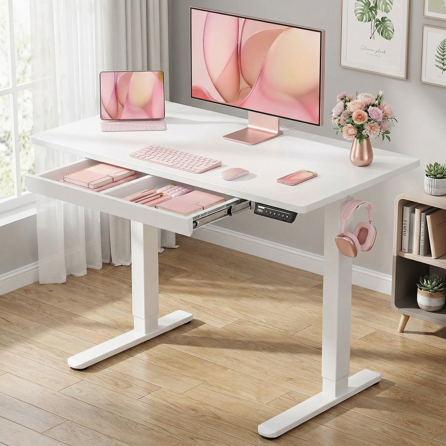 Kyspho Electric Standing Desk with Built-in Drawer, 48" x 24" Adjustable Height Computer Desk, 4 Memory Presets for Home Office, White
