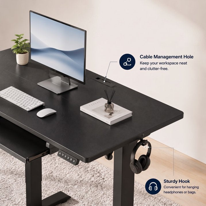 Kyspho 48" x 24" Electric Standing Desk with Keyboard Tray Adjustable Sit Stand up Desk with Headphone Hook & 4 Height Memory Pre-Set Black