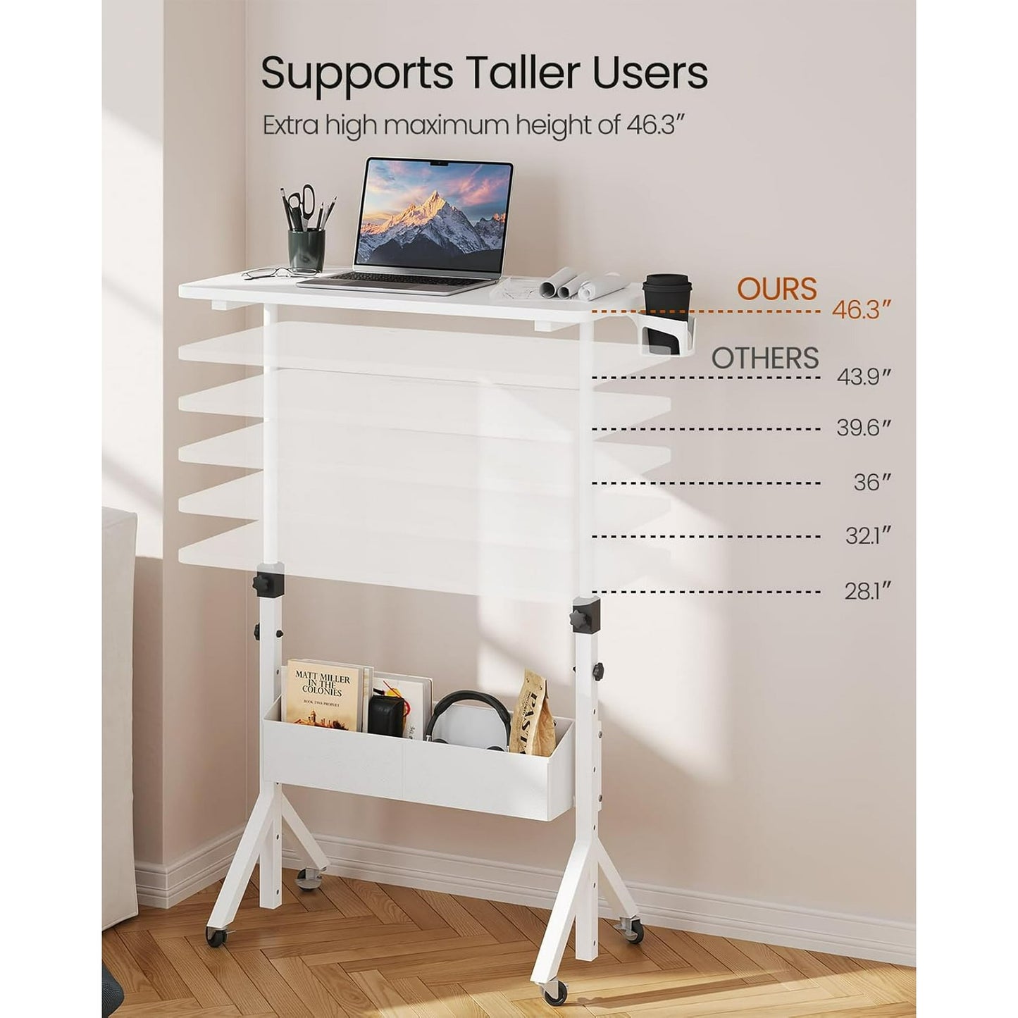 CHITOOMA Mobile Standing Desk with Cup Holder, 6 Level Height-Adjustable Computer Desk with Laptop Slot for Office, White