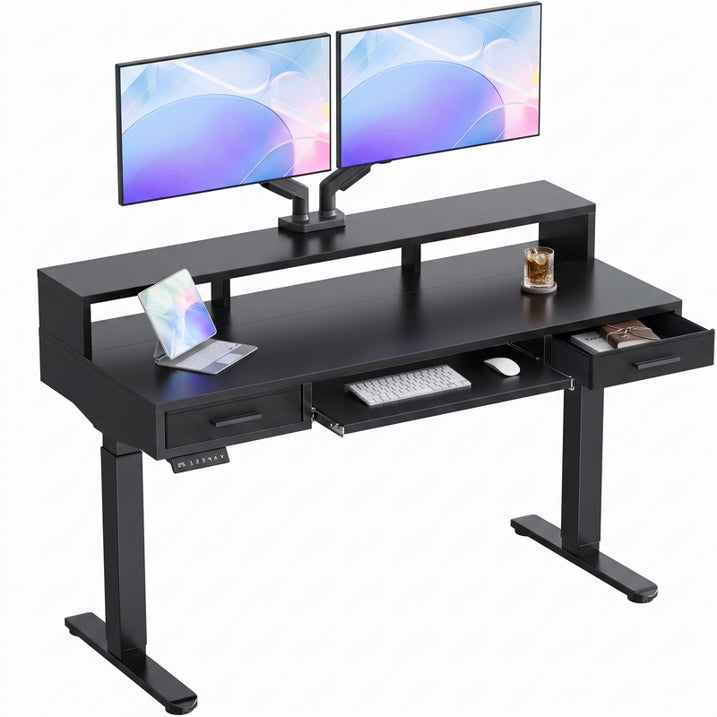 55" X 26" Electric Standing Desk with 2 Drawers & Large Keyboard Tray, Adjustable Sit Stand Computer Desk with 4 4 Memory Presets, C-Clamp Compatible Home Office Desk, Black