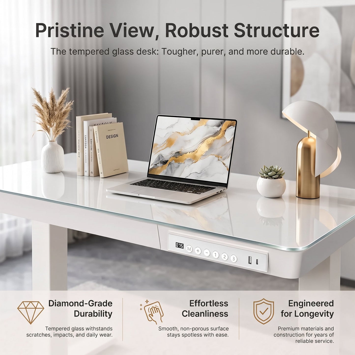 Kyspho Glass Top Electric Standing Desk with USB Charging Ports, 40" x 24" Height Adjustable One-Piece Desk, Sit Stand Computer Desk with Seamless Desktop for Home Office