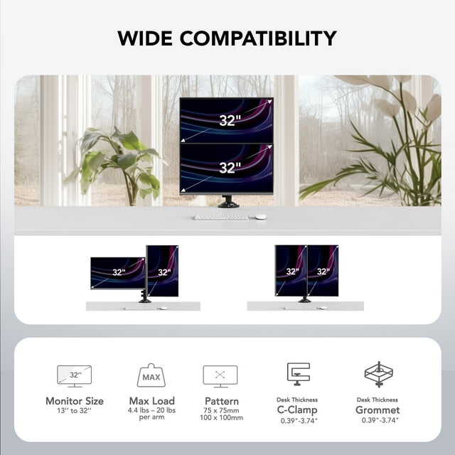Dual Monitor Stand Height Adjustable for 17 to 32 inch Screens, Monitor Mount Desk Stand Gas Spring Double Arm with Clamp, Grommet Mounting Base