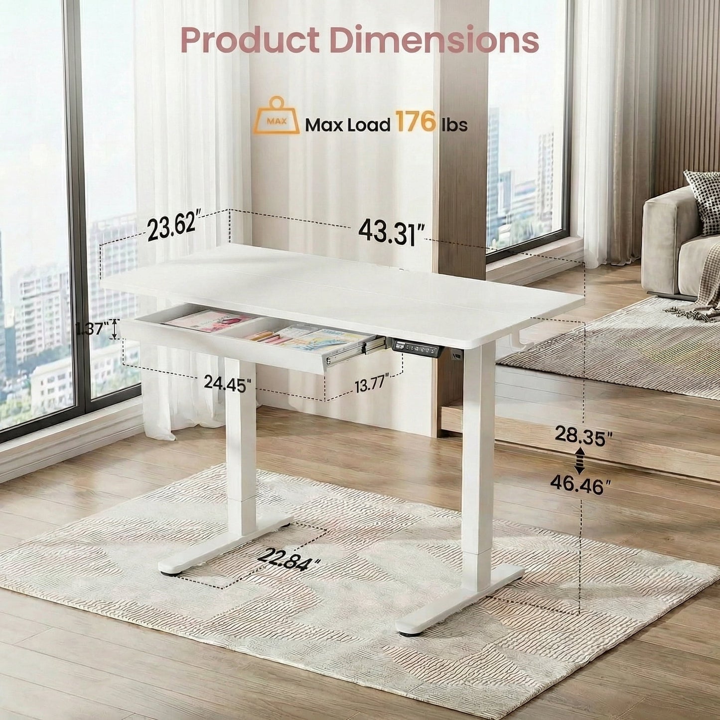 Kyspho Electric Standing Desk with Built-in Drawer, 44" x 24" Adjustable Height Computer Desk, 4 Memory Presets for Home Office, White