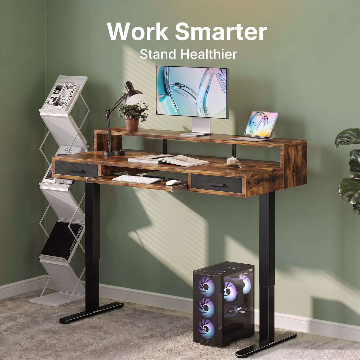 55" X 26" Electric Standing Desk with 2 Drawers & Large Keyboard Tray, Adjustable Sit Stand Computer Desk with 4 4 Memory Presets, C-Clamp Compatible Home Office Desk, Walnut