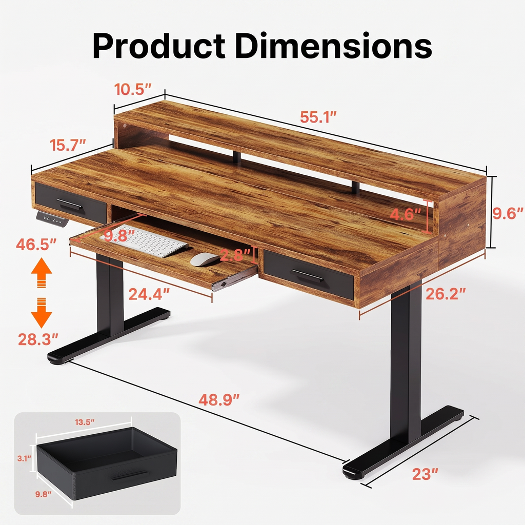 55" X 26" Electric Standing Desk with 2 Drawers & Large Keyboard Tray, Adjustable Sit Stand Computer Desk with 4 4 Memory Presets, C-Clamp Compatible Home Office Desk, Walnut