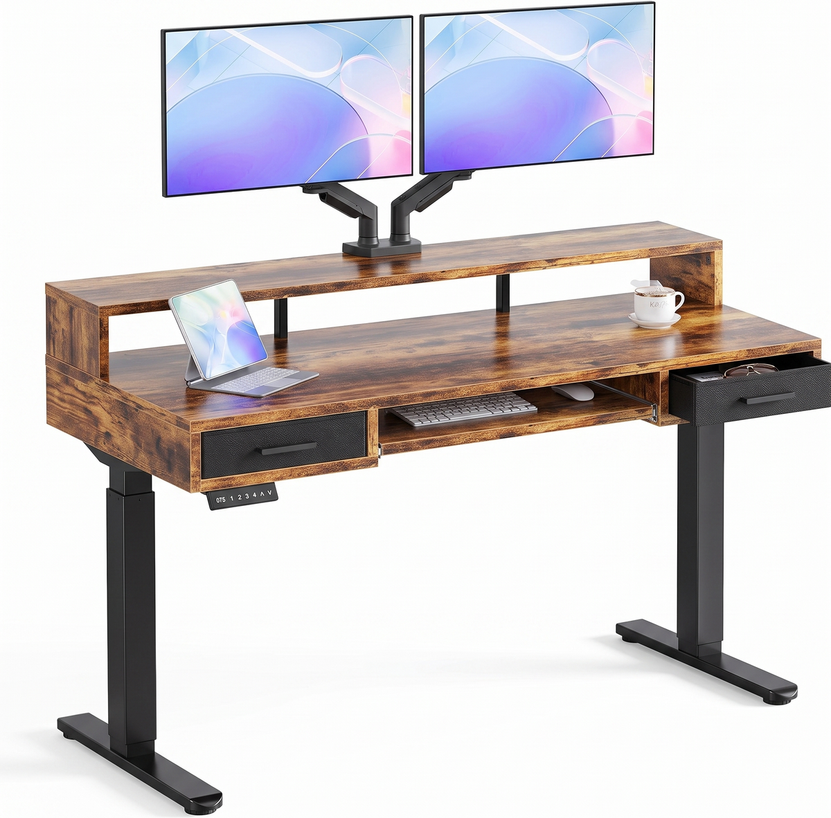 55" X 26" Electric Standing Desk with 2 Drawers & Large Keyboard Tray, Adjustable Sit Stand Computer Desk with 4 4 Memory Presets, C-Clamp Compatible Home Office Desk, Walnut