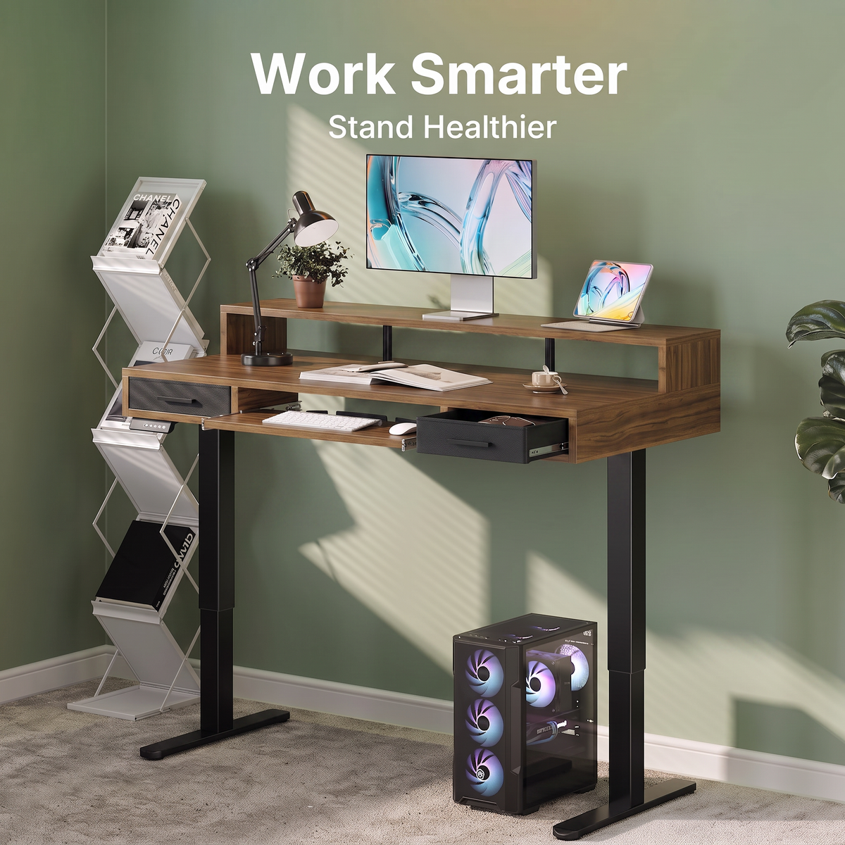55" X 26" Electric Standing Desk with 2 Drawers & Large Keyboard Tray, Adjustable Sit Stand Computer Desk with 4 4 Memory Presets, C-Clamp Compatible Home Office Desk, Walnut