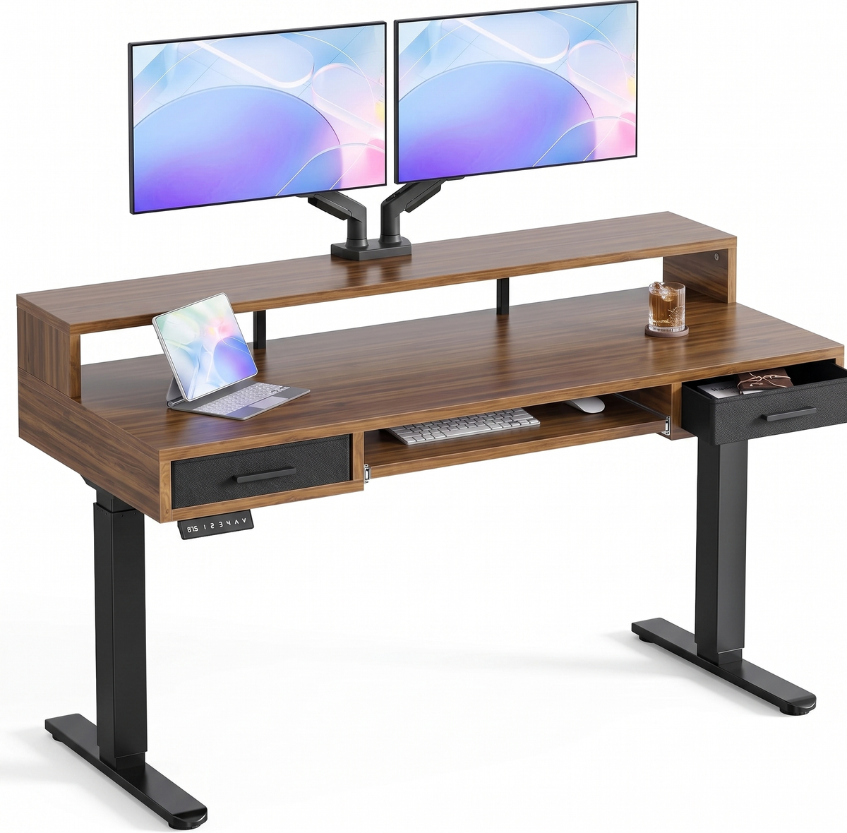 55" X 26" Electric Standing Desk with 2 Drawers & Large Keyboard Tray, Adjustable Sit Stand Computer Desk with 4 4 Memory Presets, C-Clamp Compatible Home Office Desk, Walnut