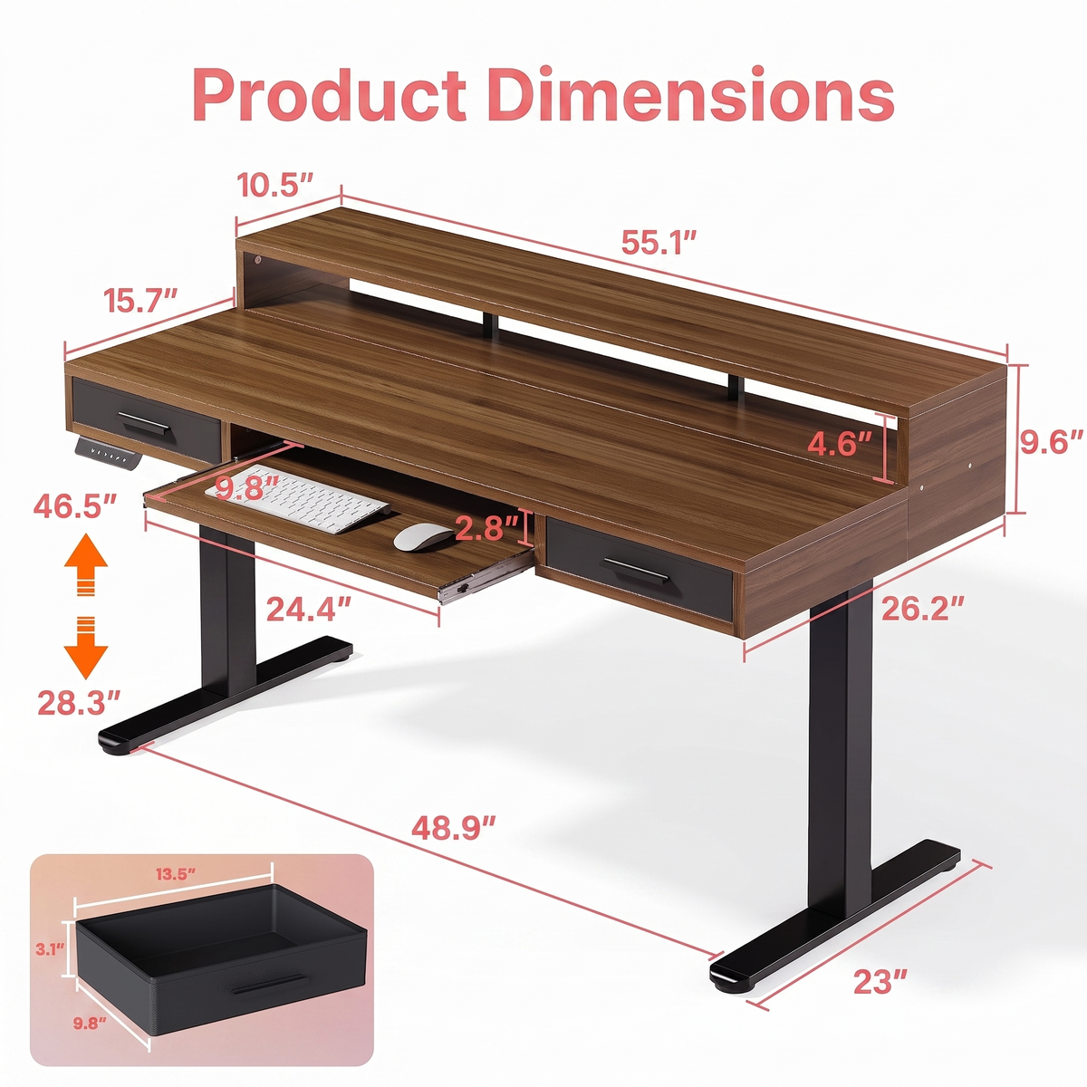 55" X 26" Electric Standing Desk with 2 Drawers & Large Keyboard Tray, Adjustable Sit Stand Computer Desk with 4 4 Memory Presets, C-Clamp Compatible Home Office Desk, Walnut