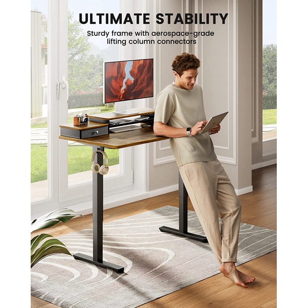 Electric Standing Desk with Double Drawers, 48x24 inch Adjustable Height Sit Stand Up Desk, Home Office Desk Computer Workstation with Storage Shelf, Vintage Brown - Walmart.com