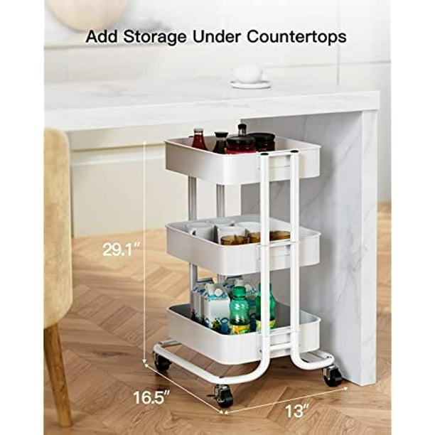 Metal Rolling Utility Cart 3-Tier, Heavy Duty Storage Cart with 2 Lockable Wheels, Multifunctional Mesh Organization Cart for Kitchen Dining Room Living Room (White) - Walmart.com