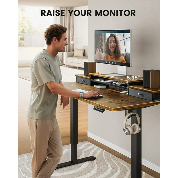 Electric Standing Desk with Double Drawers, 48x24 inch Adjustable Height Sit Stand Up Desk, Home Office Desk Computer Workstation with Storage Shelf, Vintage Brown - Walmart.com