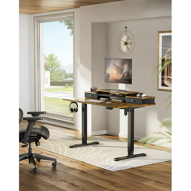 Electric Standing Desk with Double Drawers, 48x24 inch Adjustable Height Sit Stand Up Desk, Home Office Desk Computer Workstation with Storage Shelf, Vintage Brown - Walmart.com