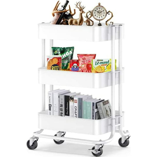 Metal Rolling Utility Cart 3-Tier, Heavy Duty Storage Cart with 2 Lockable Wheels, Multifunctional Mesh Organization Cart for Kitchen Dining Room Living Room (White) - Walmart.com