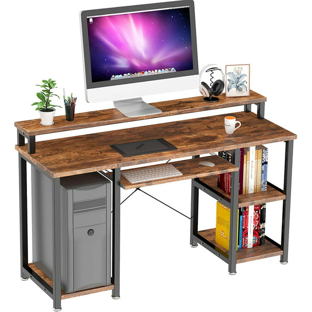 Industrial Computer Desk 47 inch, Home Office Desk with Monitor Stand, Large Workstation with Storage Shelves Keyboard Tray, Studying Writing Table for Home Office, Rustic Brown - Walmart.com